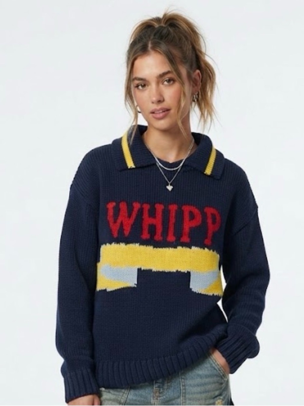 Vintage Authentic Whipp Navy Blue Heavy Knit Sweater Embroidered Logo SZ Medium